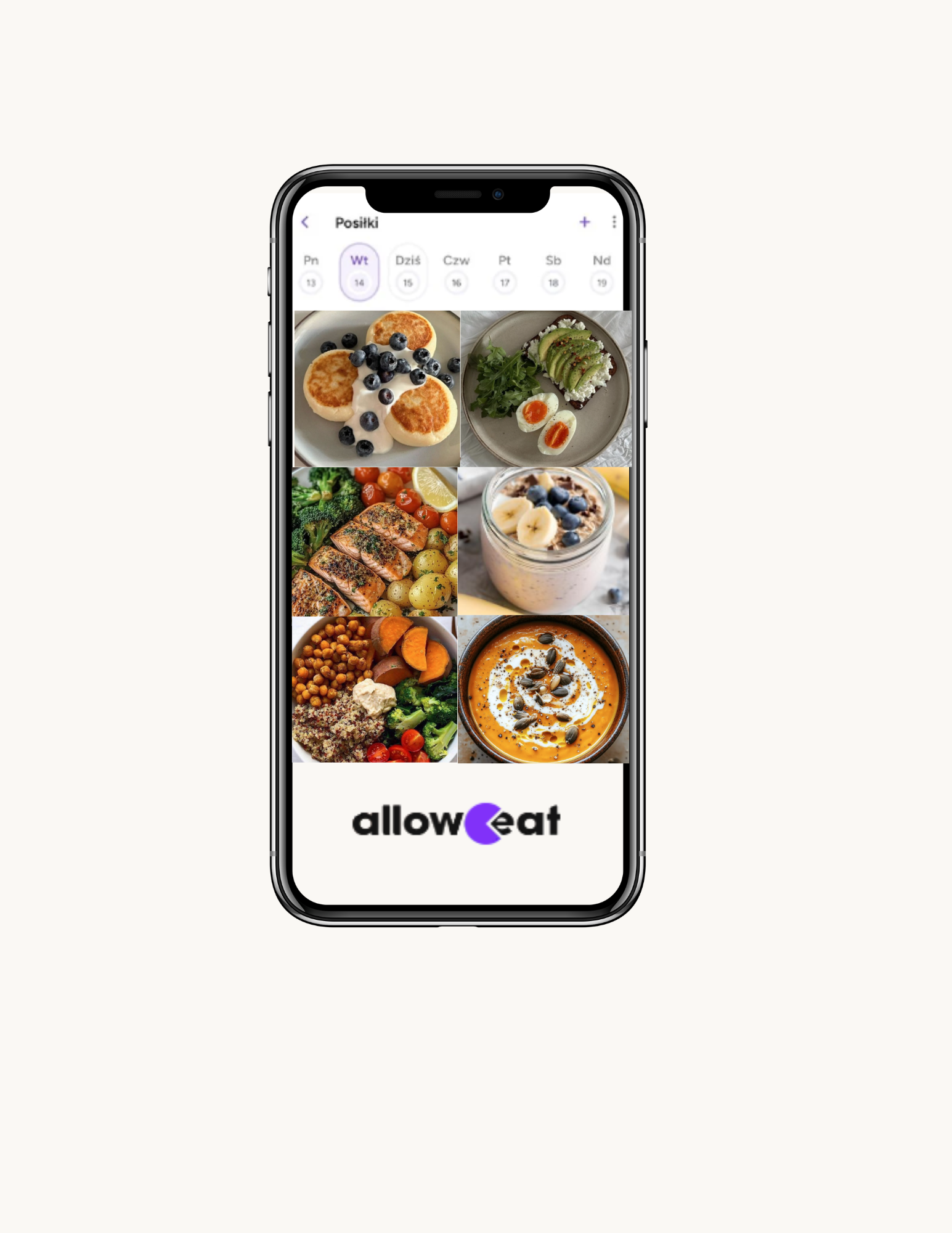 Widok na ekran smartfona z aplikacją dietetyczną "allow eat". Aplikacja wyświetla siatkę zdjęć różnych posiłków (np. naleśniki z owocami, owsianka, sałatka z jajkami, danie z kurczakiem i warzywami), symbolizując plan dietetyczny. U góry widoczny kalendarz z zaznaczonym dniem "Śr" (środa).
